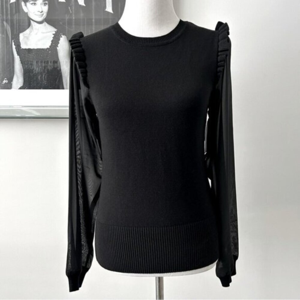 Apricot Black Sheer Ruffle Sleeve Sweater Top (c)